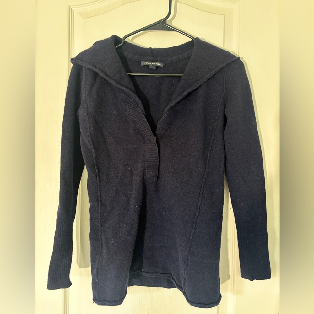 Banana Republic Hooded Knit Sweater Women’s Small Navy Blue V-Neck Pullover